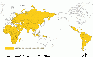 A型肝炎リスクのある国及び地域マップ